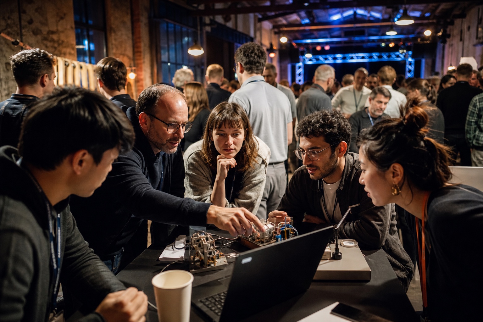 AI builders collaborating around a live hardware demonstration at an independent conference