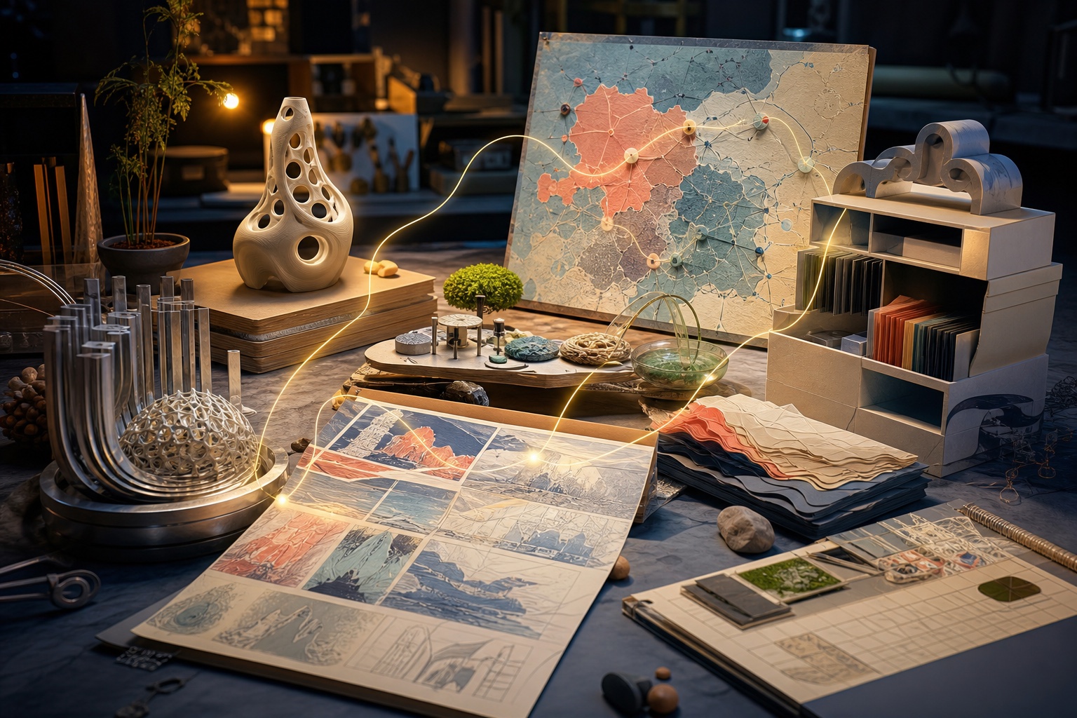 A creative workshop filled with prototypes, maps, materials, and connected project ideas
