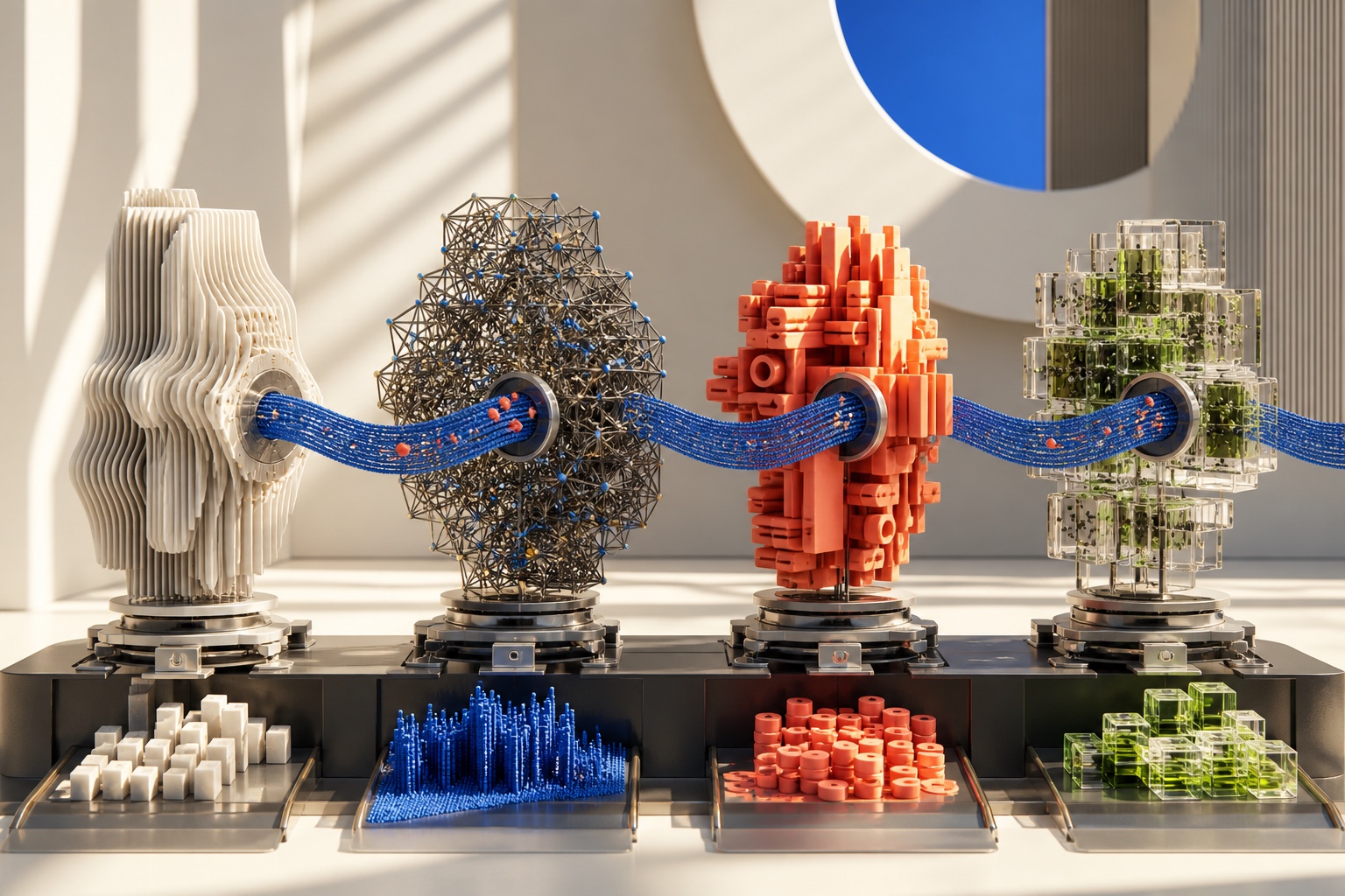 Four sculptural AI systems transforming the same input into different outputs on a comparison bench