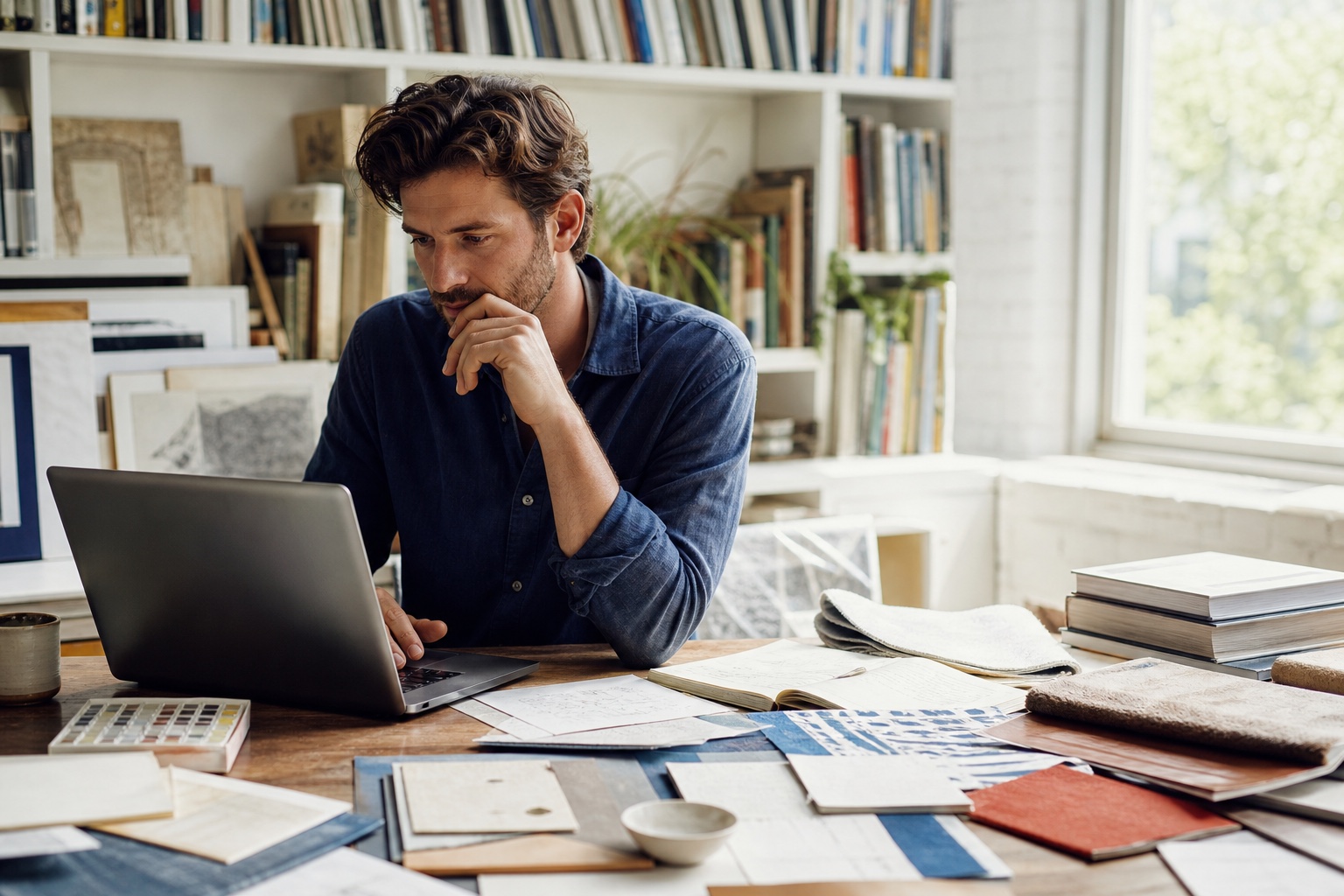 A person thoughtfully using AI alongside books, notes, and project materials in a daylight studio