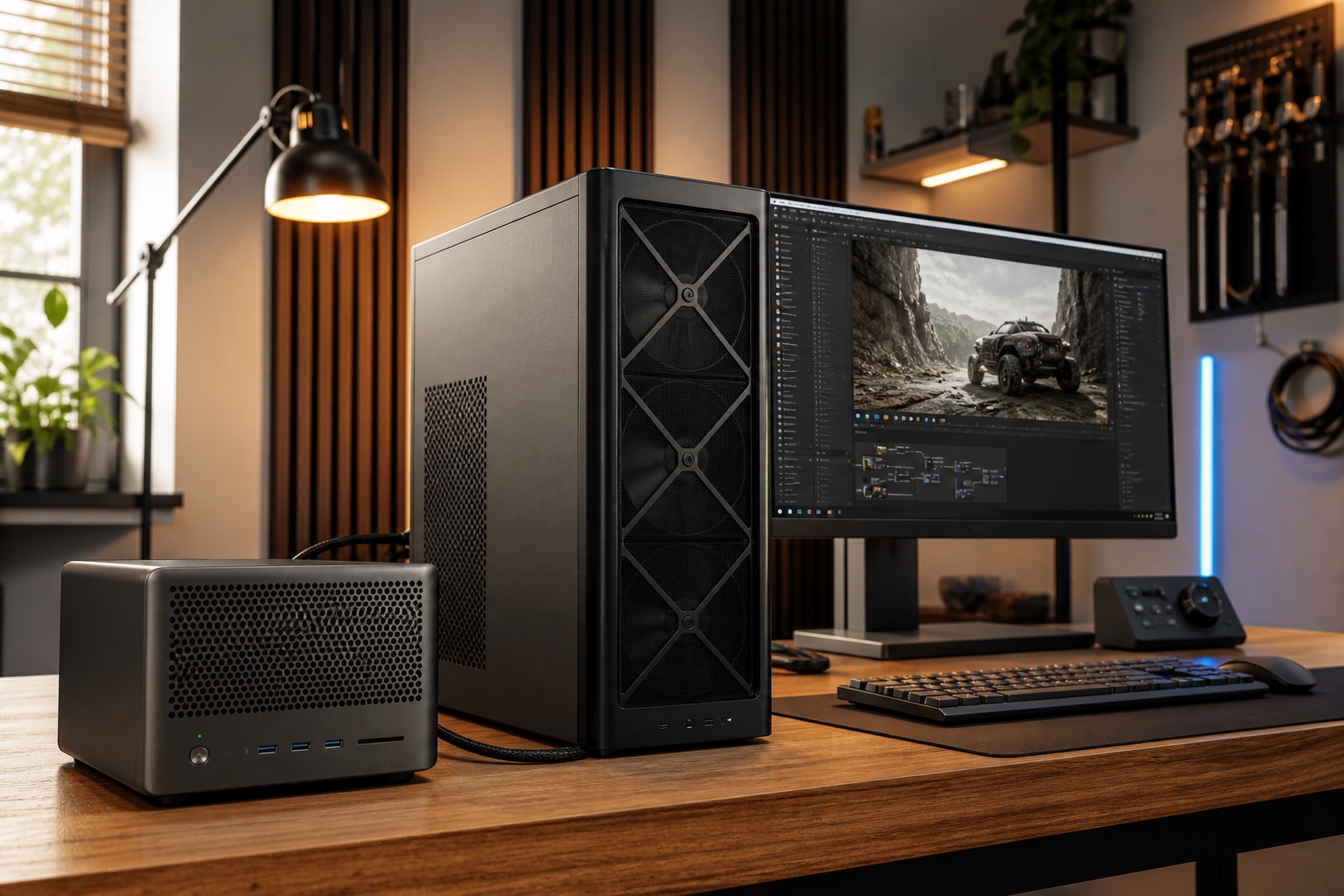 A compact AI computer and a larger GPU workstation arranged on a warm, practical studio desk